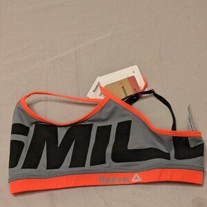 Reebok Sports Bra Womens M "SMILE" Graphics on Front  Black Orange & Gray - NWT